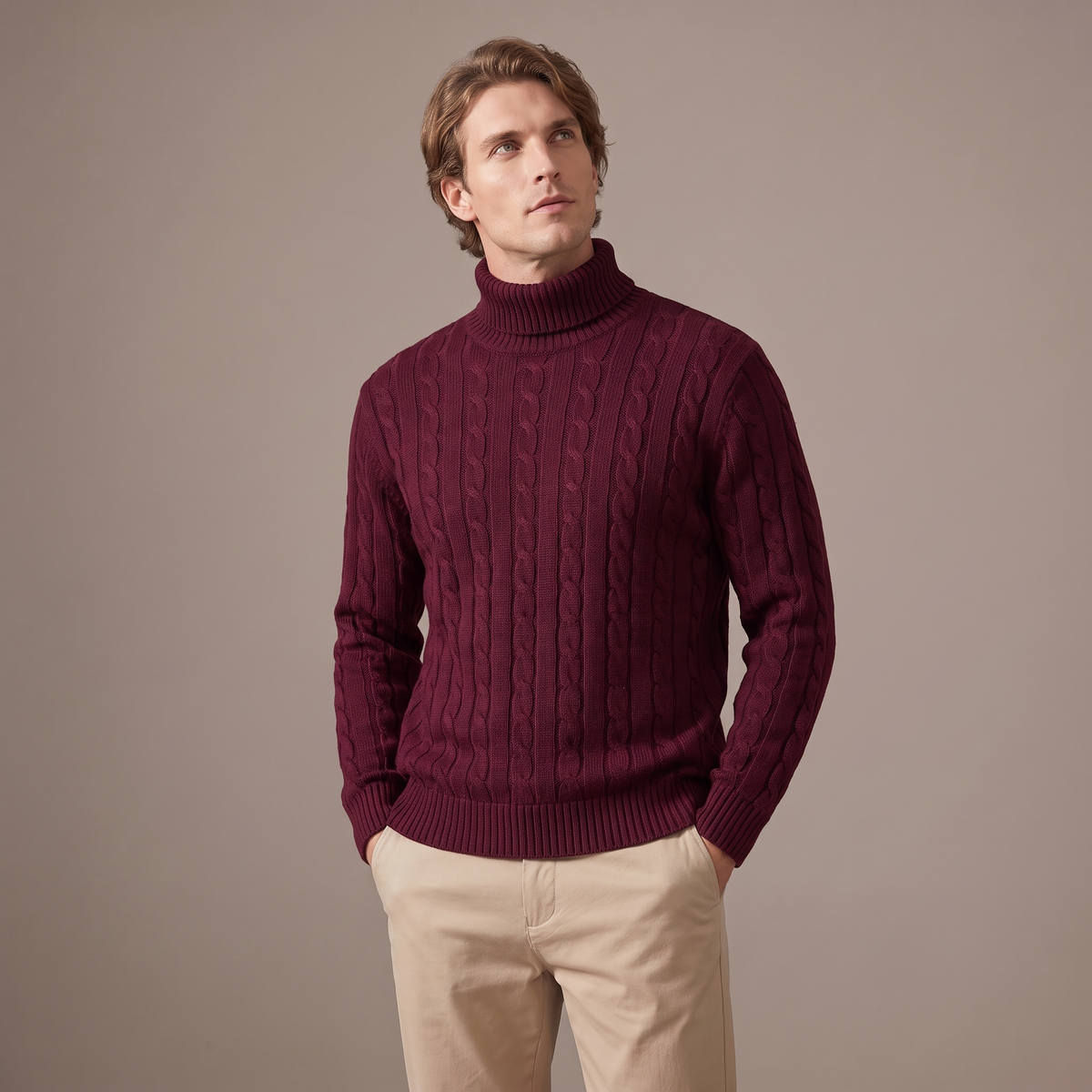 Men's fleece-lined roll neck jumper in burgundy, front view
