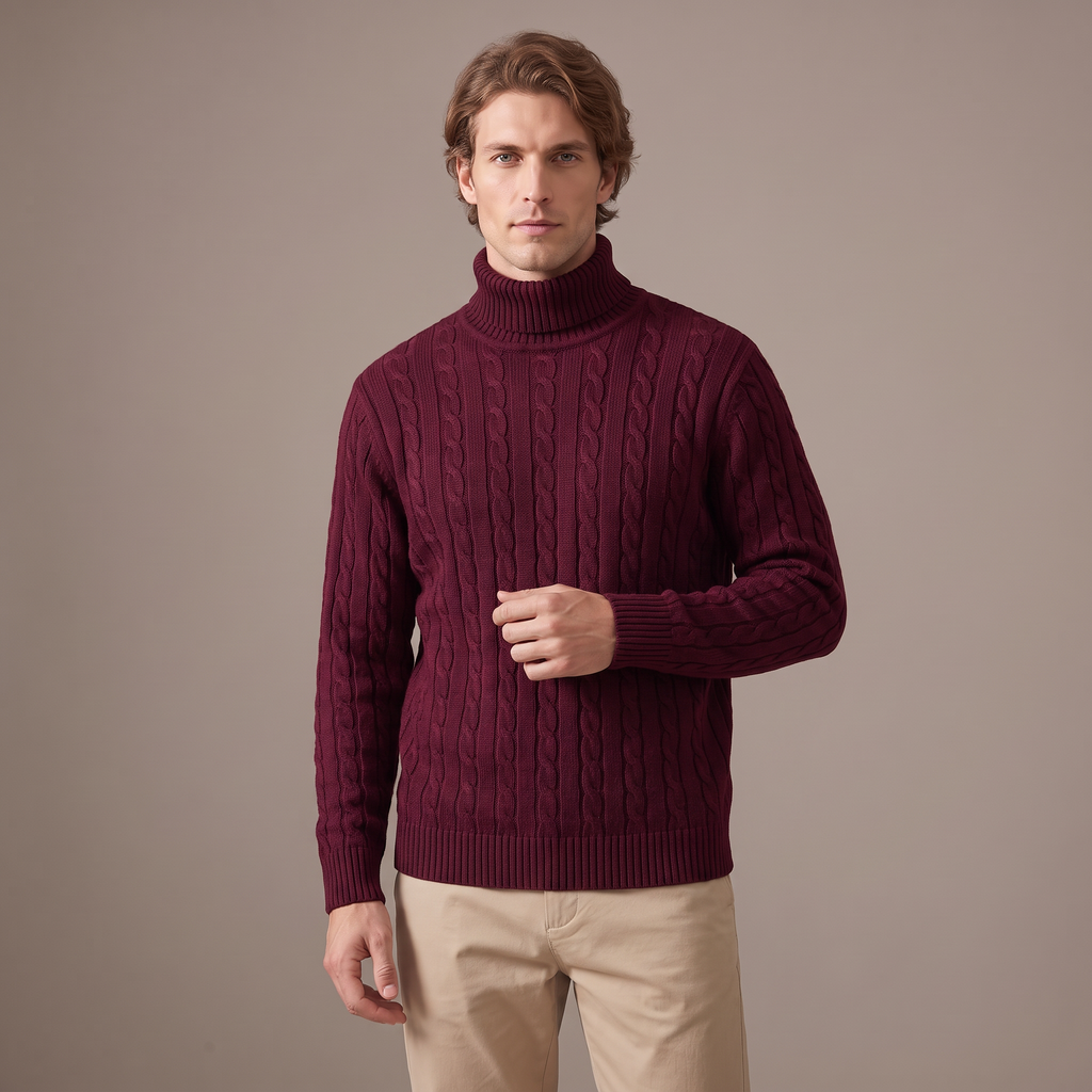 Men's fleece-lined roll neck jumper in burgundy, three-quarter view