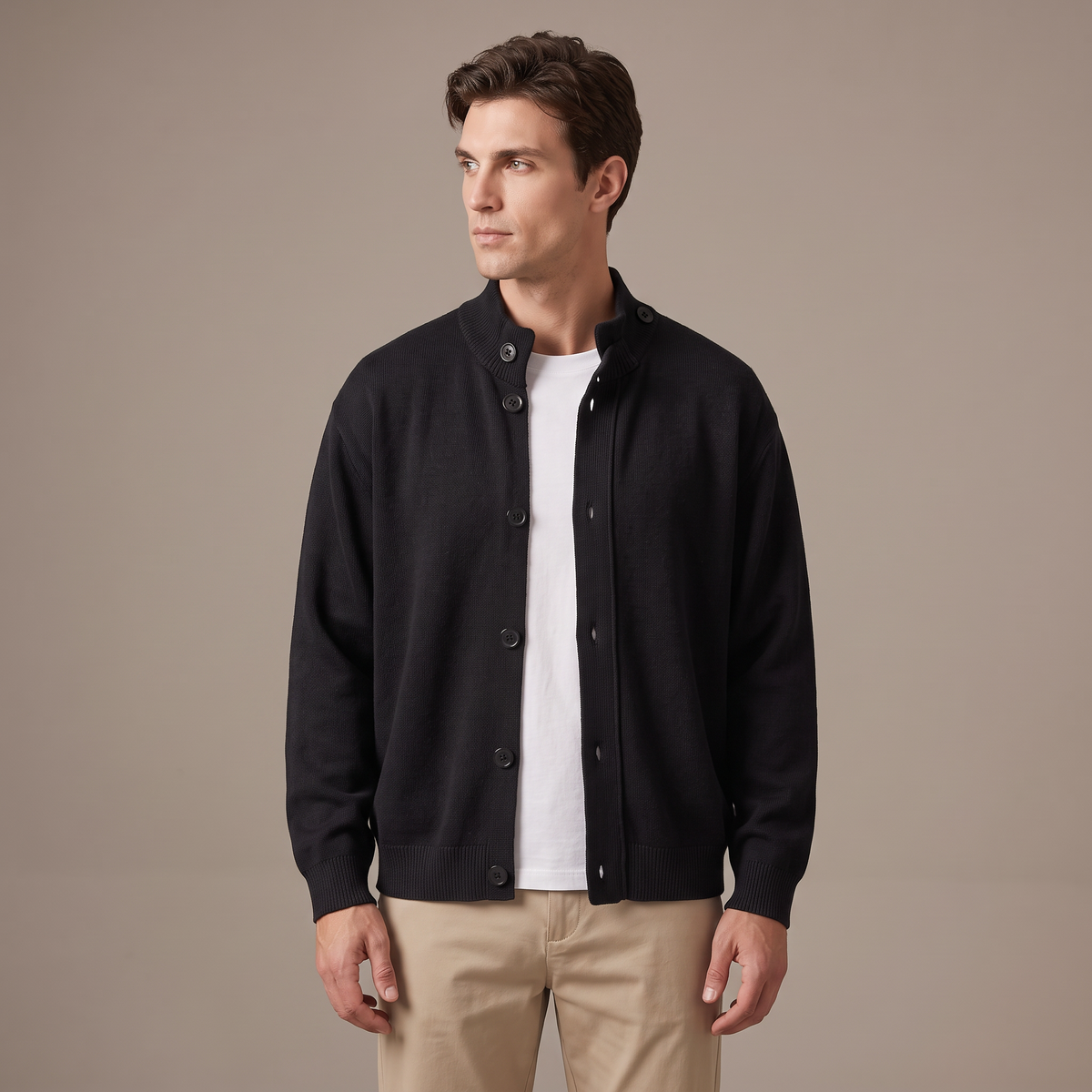 Men's cotton cardigan in black, front