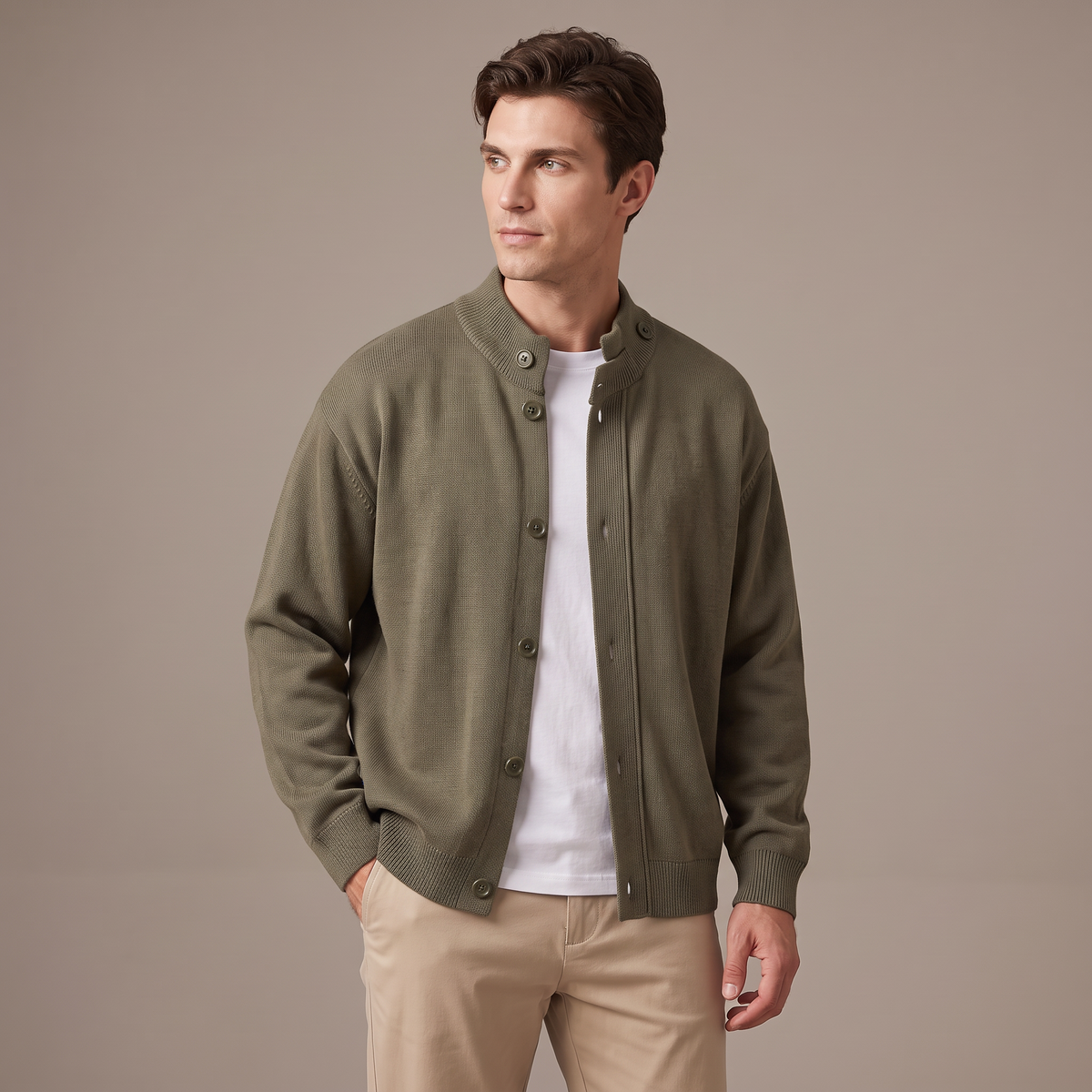 Men's cotton cardigan in olive, front