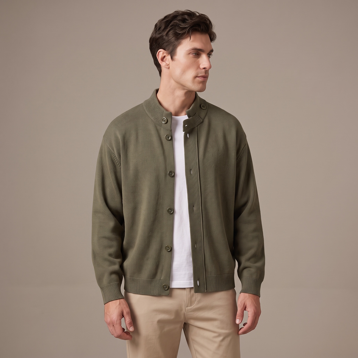 Men's cotton cardigan in olive, three quarter view