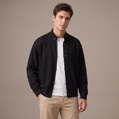 Men's cotton cardigan in black, three quarter view