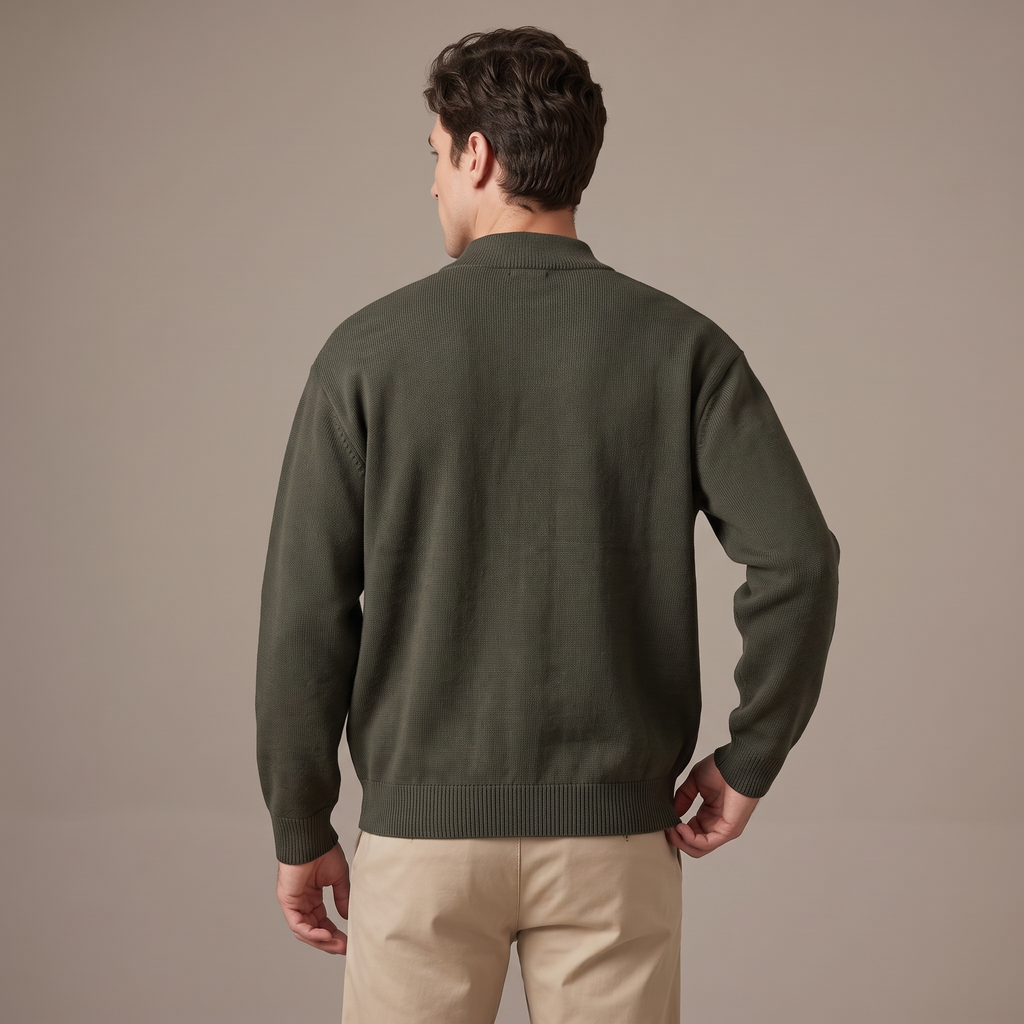 Men's cotton cardigan in olive, back