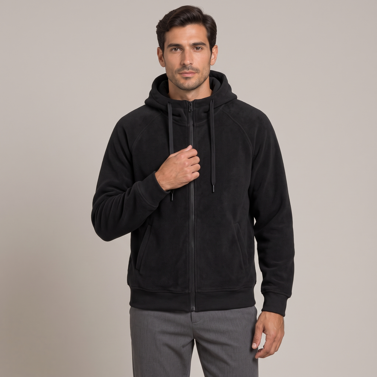 Men's black zip-up hoodie in 400gsm brushed fleece, front view