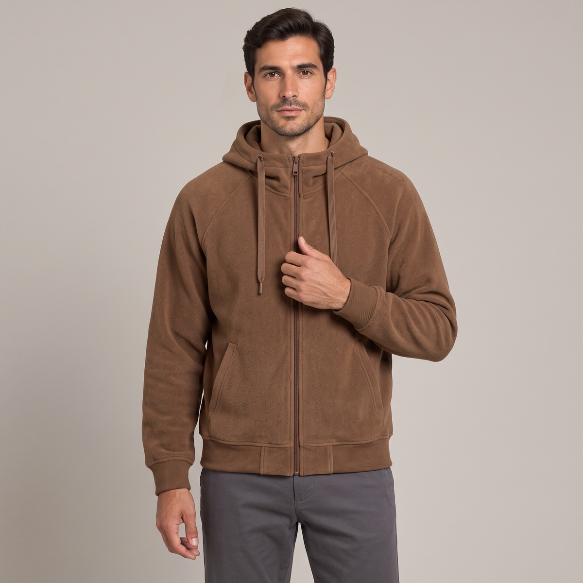Men's brown zip-up hoodie in 400gsm brushed fleece, front view