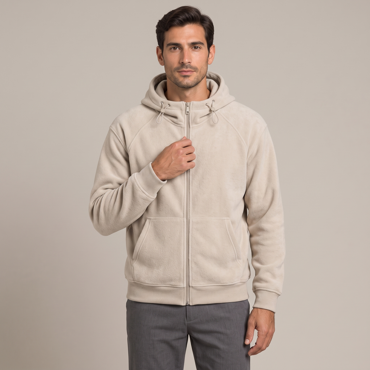 Men's beige zip-up hoodie in 400gsm brushed fleece, front view