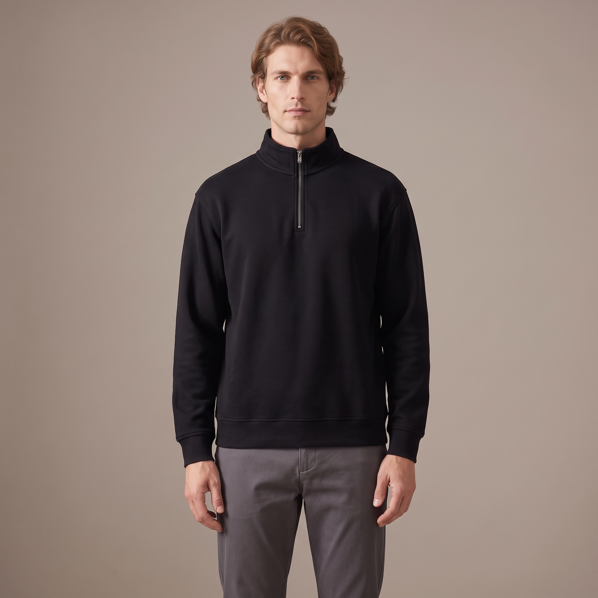 Men's black half-zip sweatshirt in heavyweight pique, front view