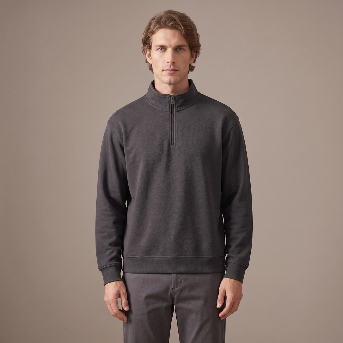 Men's charcoal half-zip sweatshirt in heavyweight pique, front view