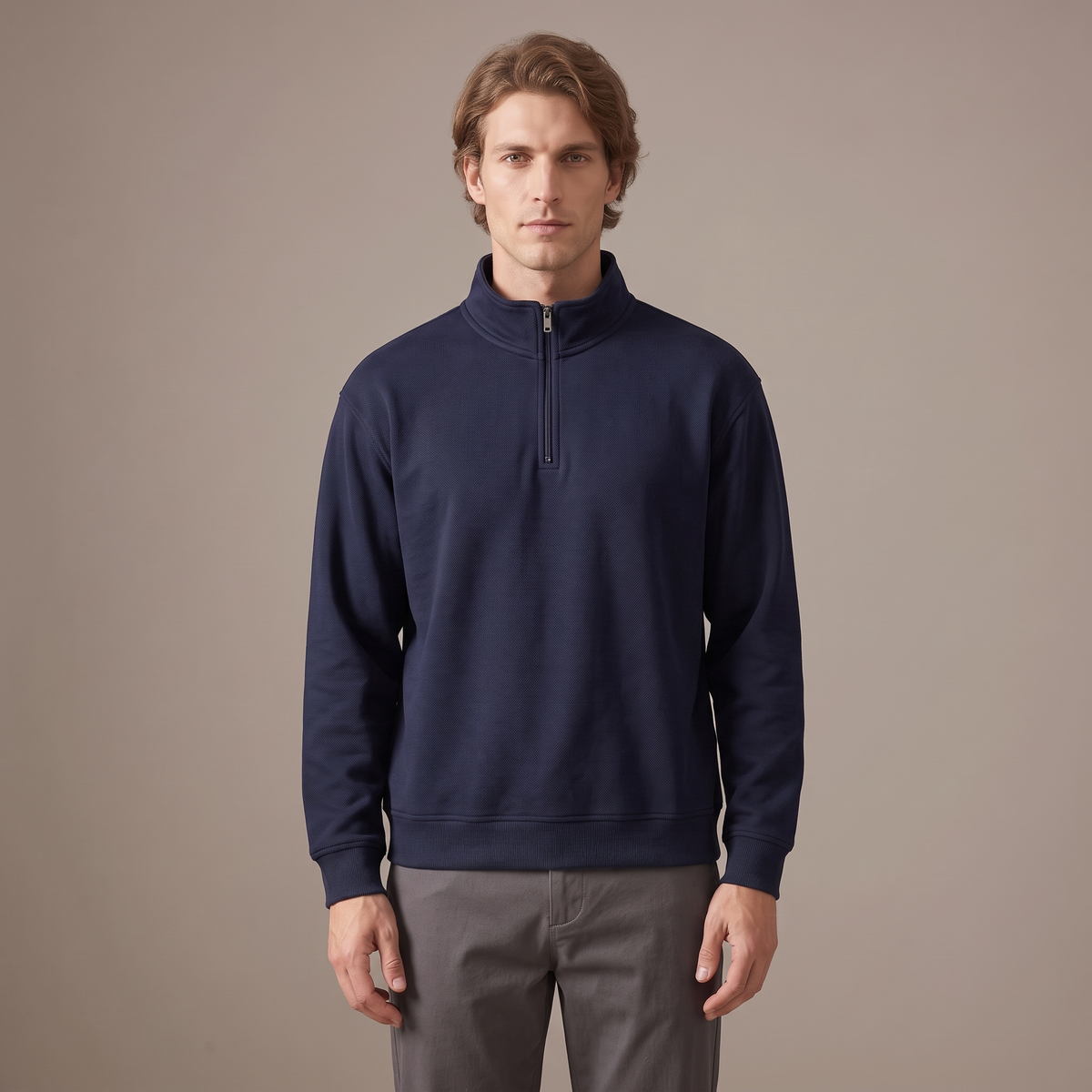 Men's navy half-zip sweatshirt in heavyweight pique, front view
