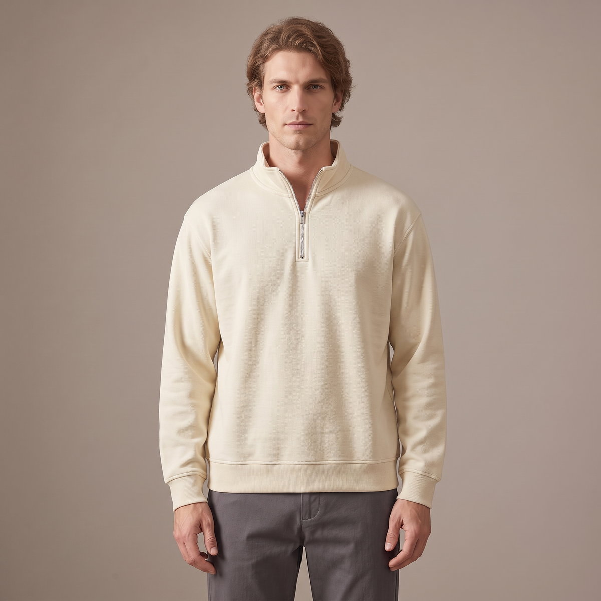 Men's off white half-zip sweatshirt in heavyweight pique, front view
