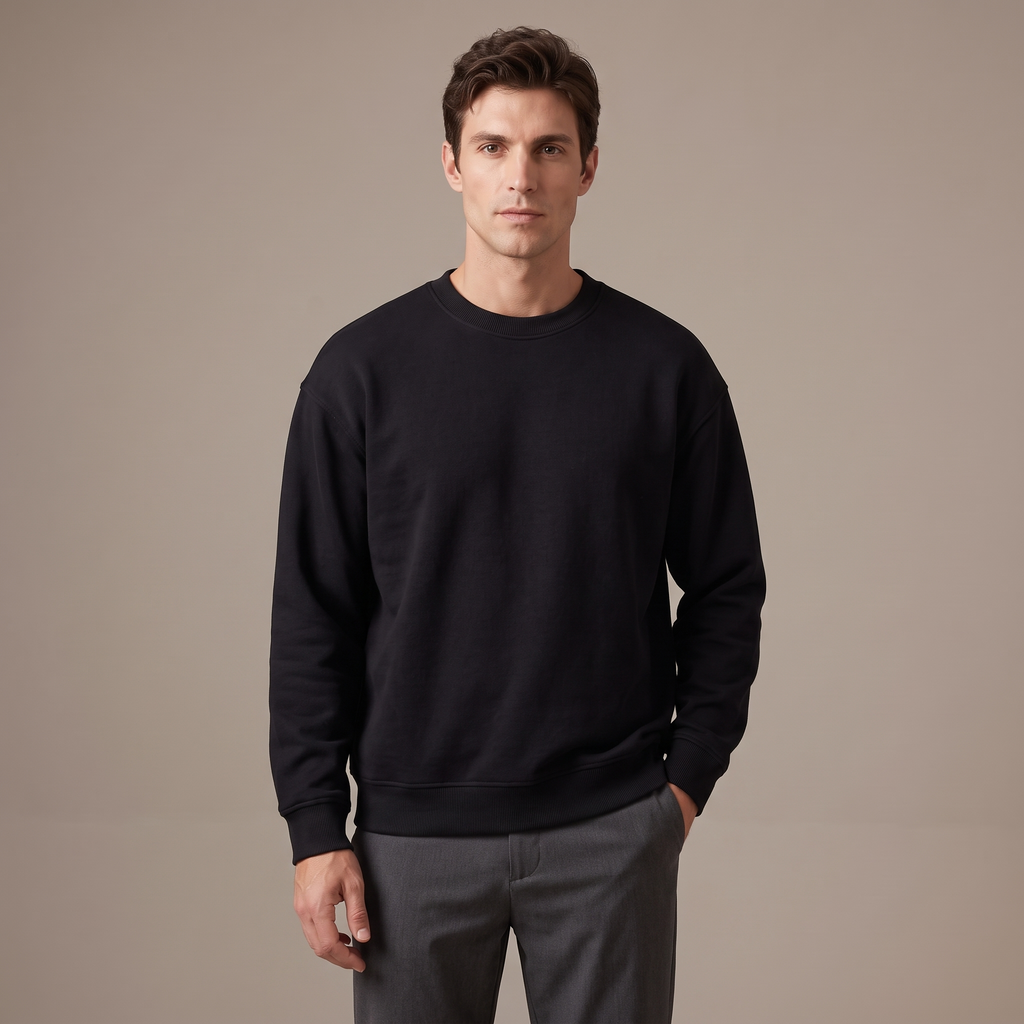 Men's black 400gsm dropped shoulder sweatshirt, front view
