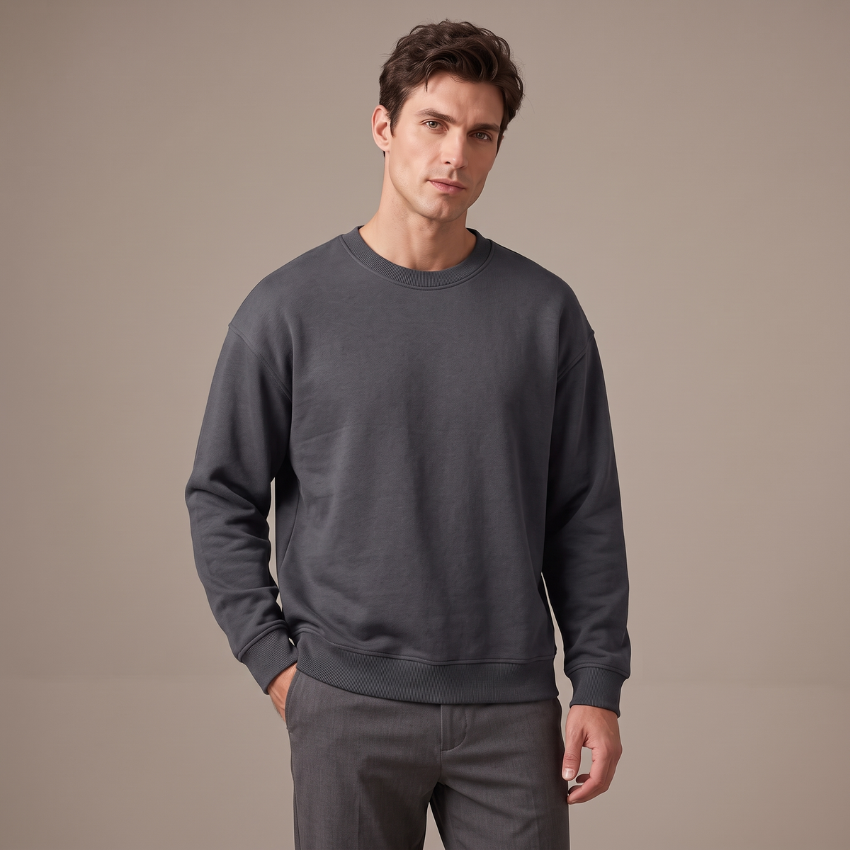Men's charcoal 400gsm dropped shoulder sweatshirt, front view