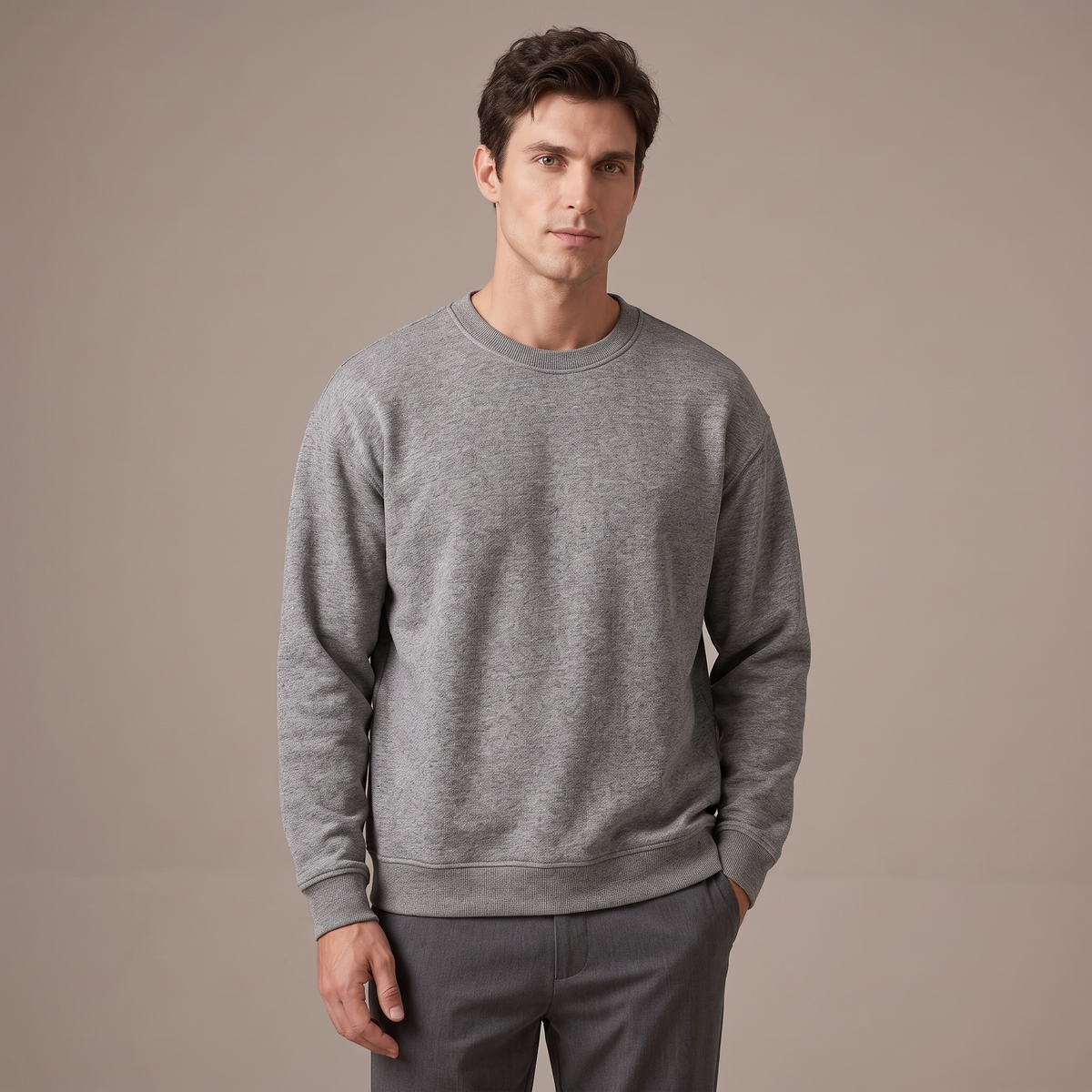 Men's grey 400gsm dropped shoulder sweatshirt, front view