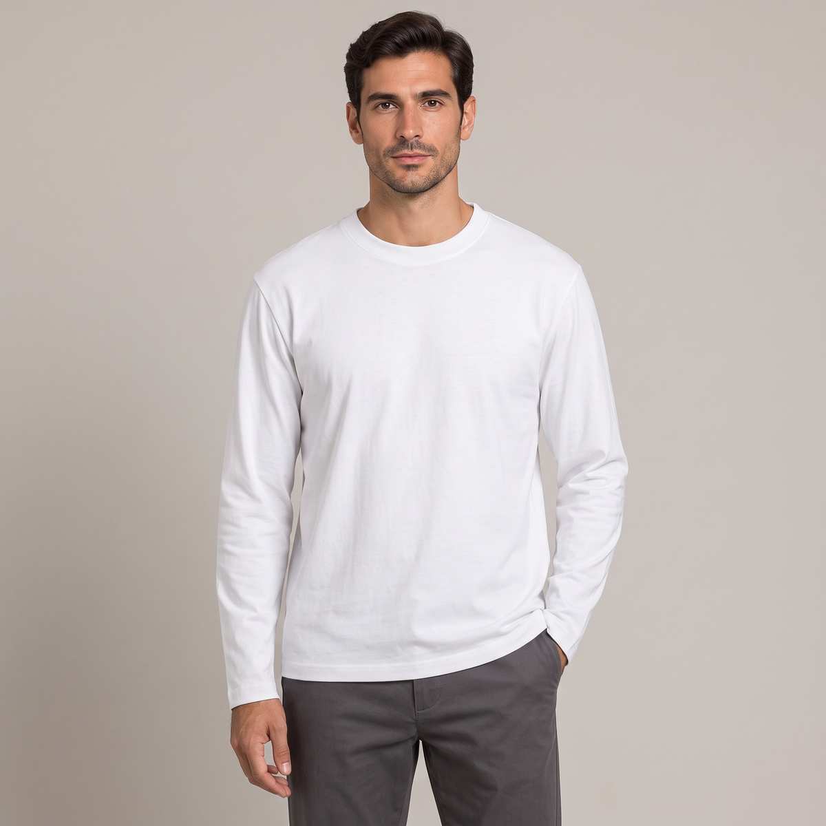 Men's white 230gsm combed cotton long sleeve t-shirt, front view