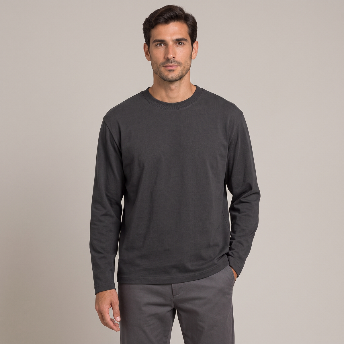 Men's charcoal 230gsm combed cotton long sleeve t-shirt, front view