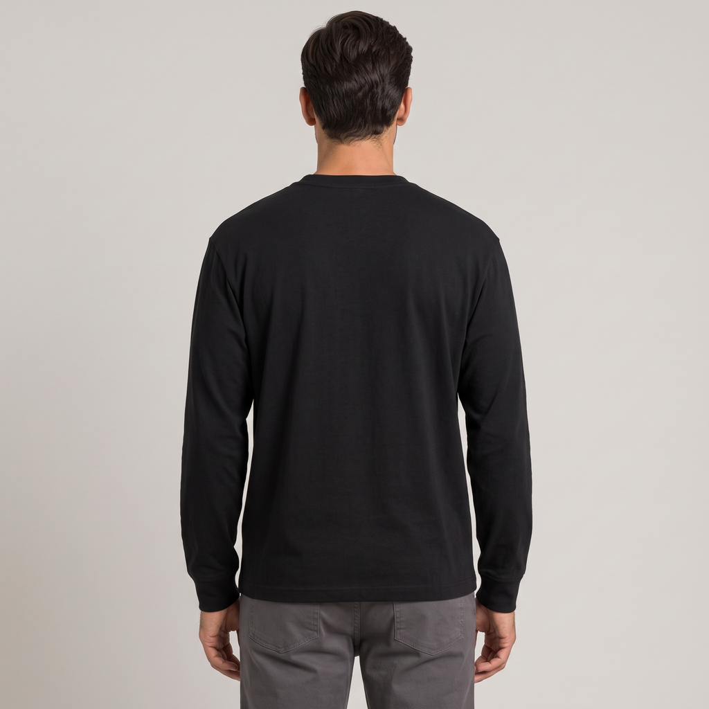 Men's black long sleeve t-shirt, back view