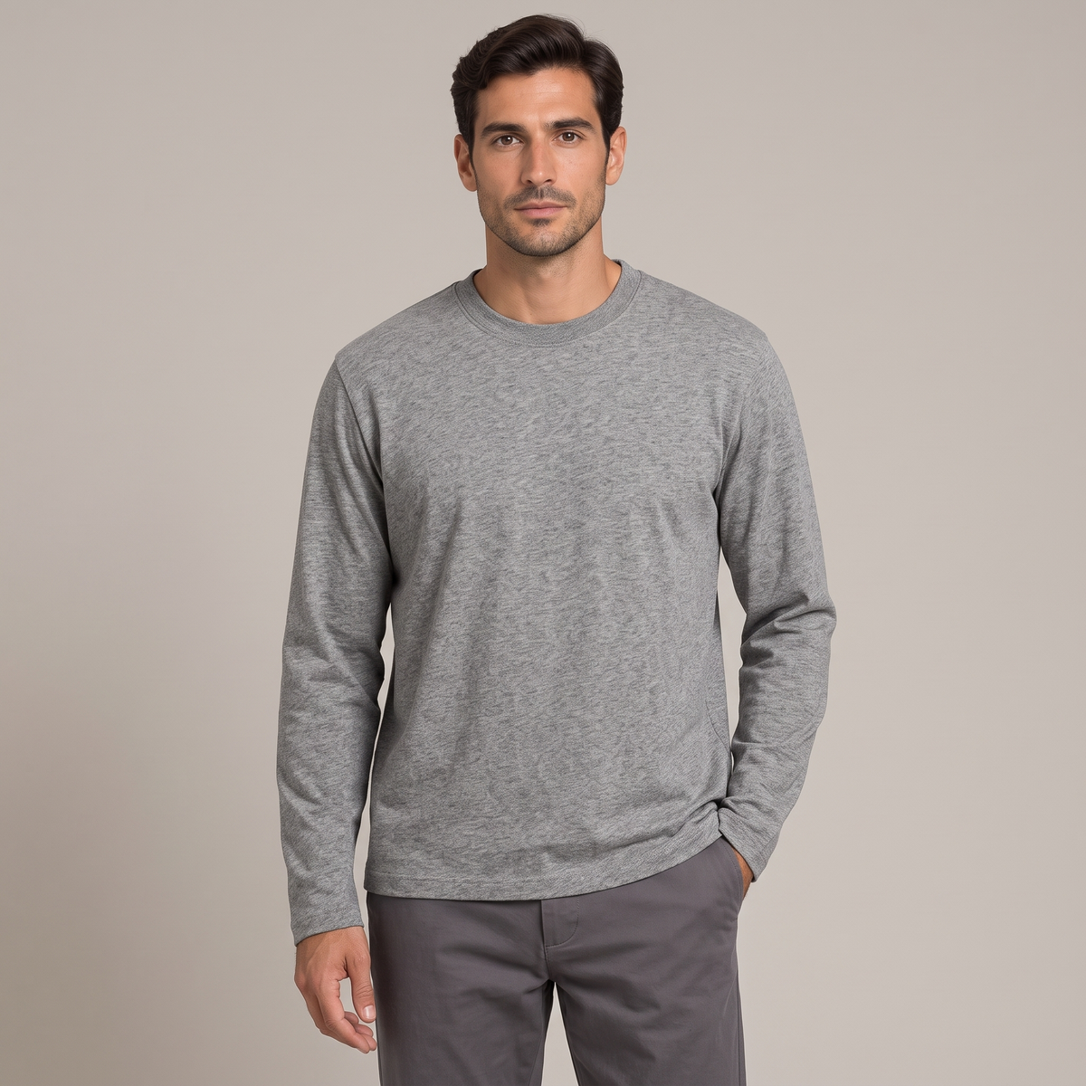 Men's grey 230gsm combed cotton long sleeve t-shirt, front view