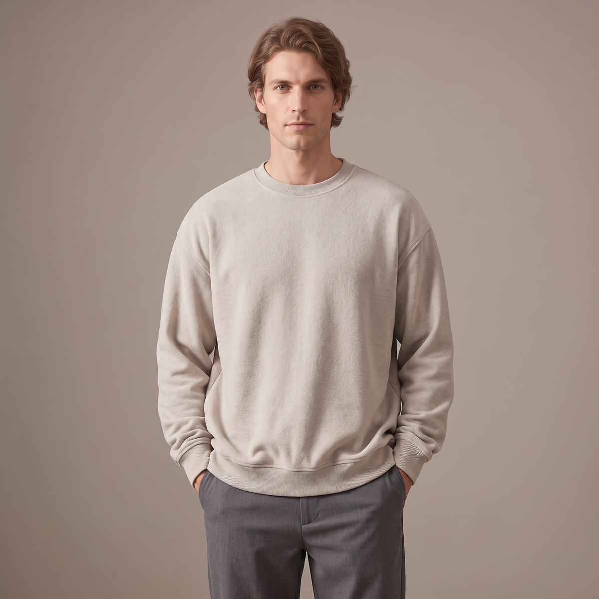 Men's beige 380gsm oversized terry sweatshirt, front view