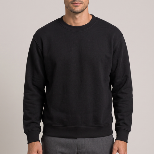 Close detail of the ribbed crew neck on the cotton terry sweatshirt, in black
