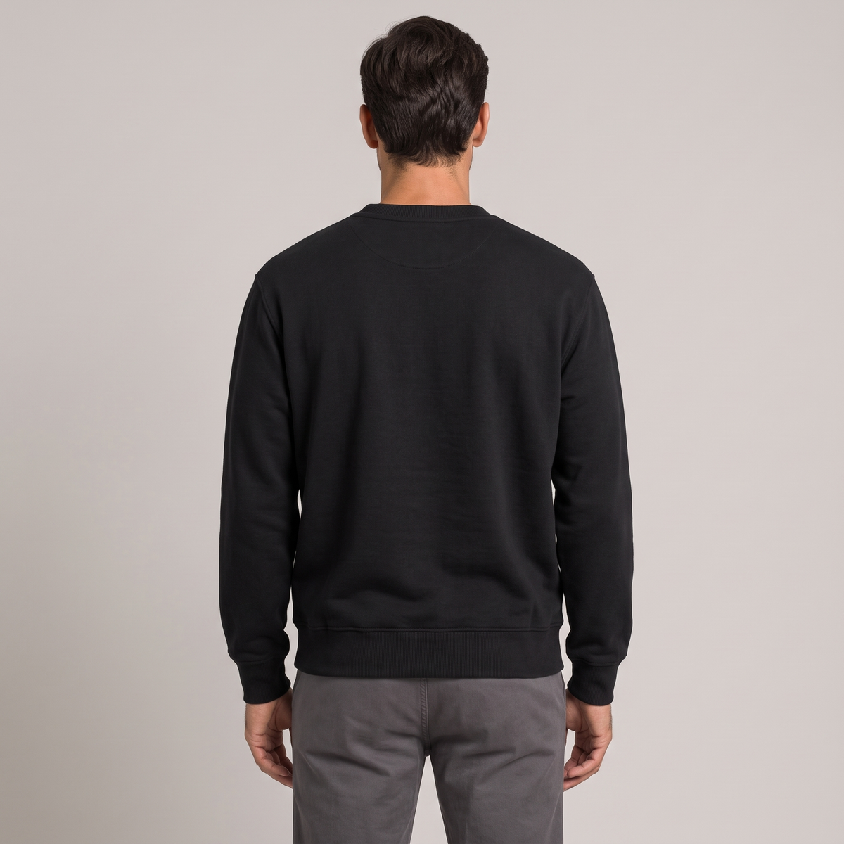 Men's black cotton terry sweatshirt, back view