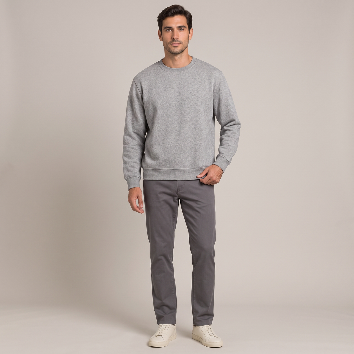 Men's grey 330gsm cotton terry crew neck sweatshirt, front view