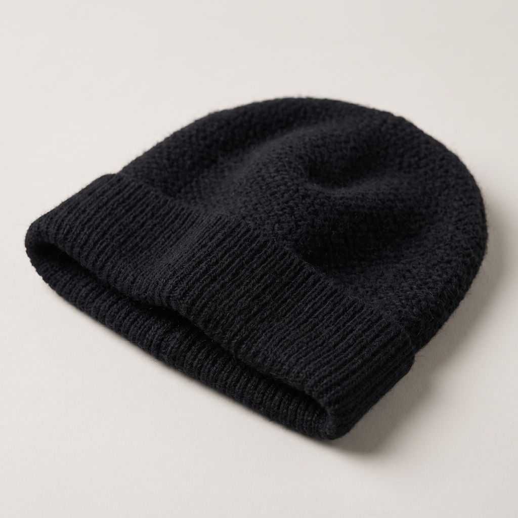 Black wool beanie, close still life showing the knit stitch