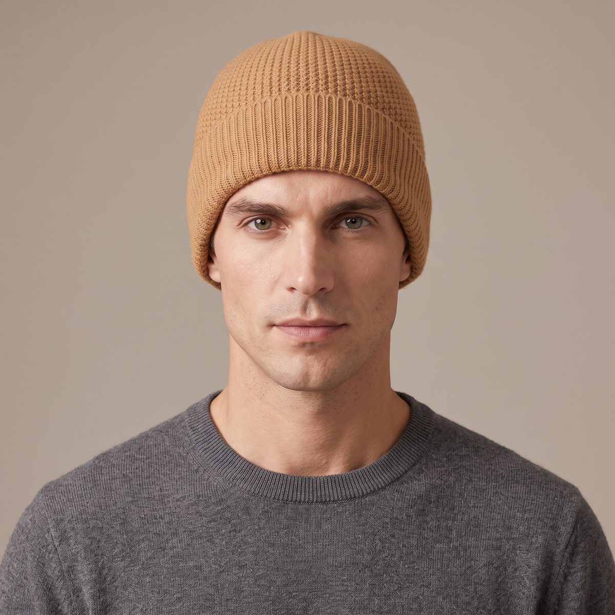 Men's camel thickened wool beanie worn, front view