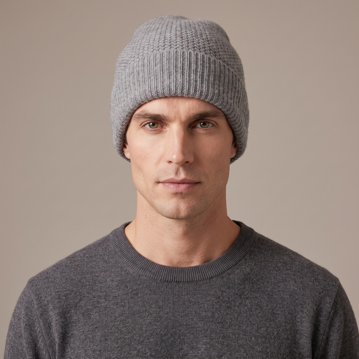 Men's grey thickened wool beanie worn, front view