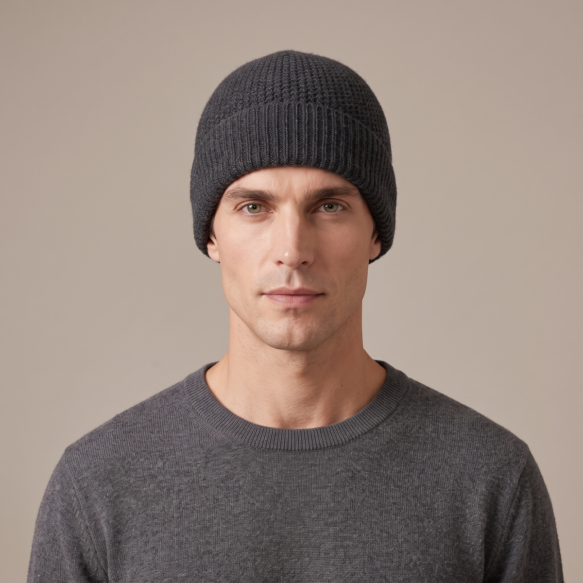 Men's charcoal thickened wool beanie worn, front view