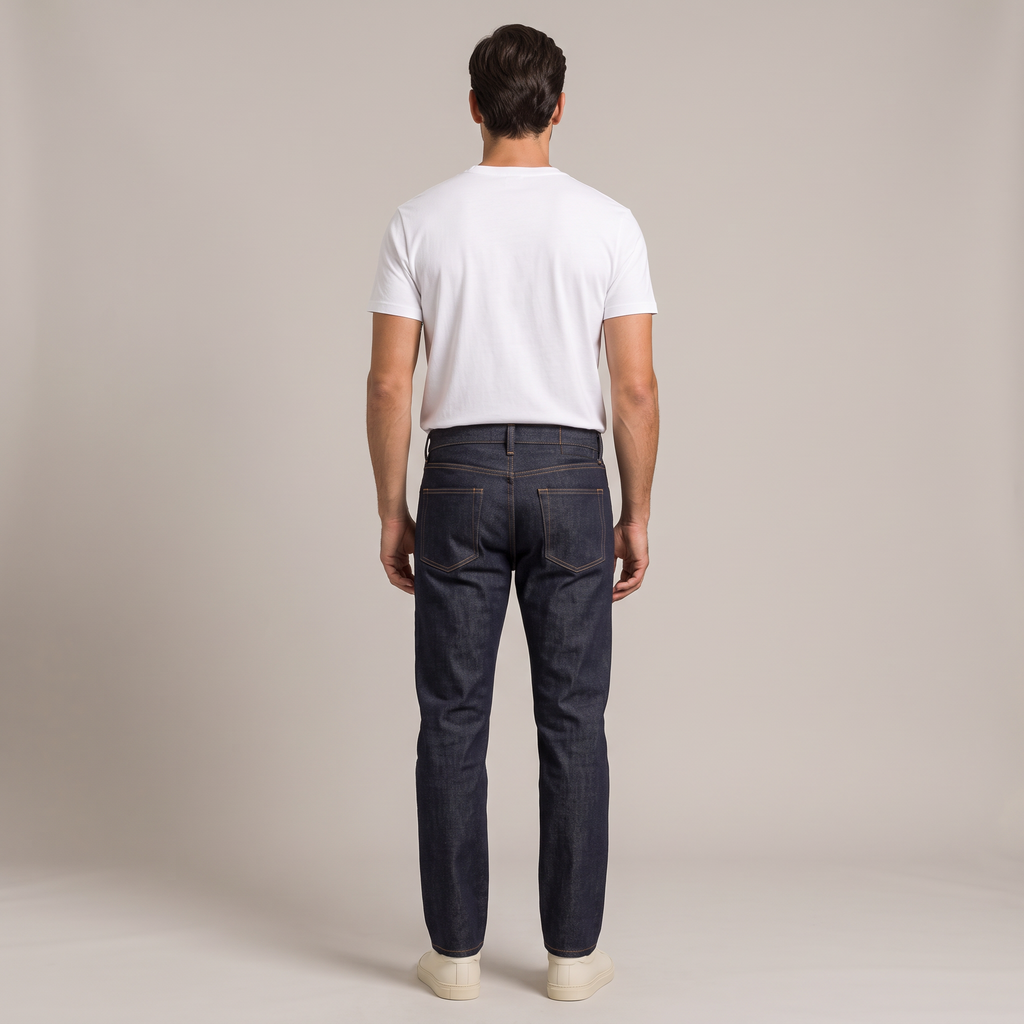 Men's 14oz raw selvedge jeans, back view