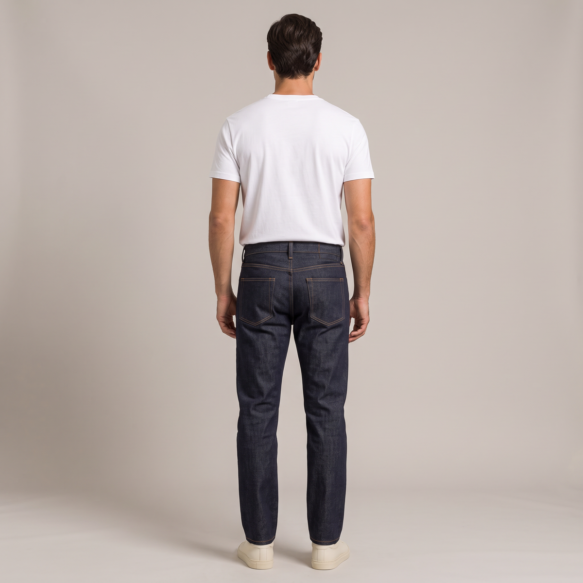 Men's 14oz raw selvedge jeans, back view