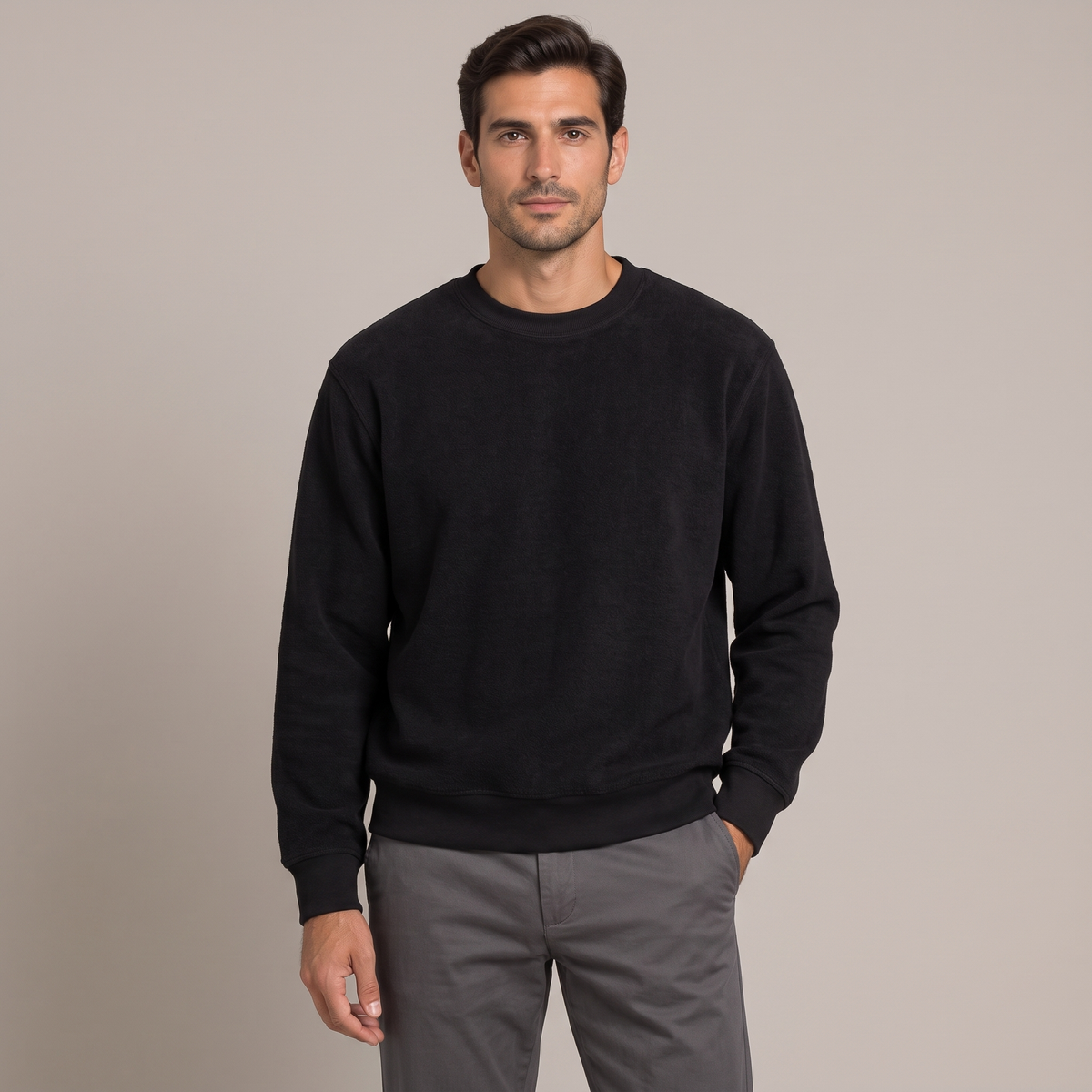 Men's black heavyweight terry crew neck sweatshirt, front view