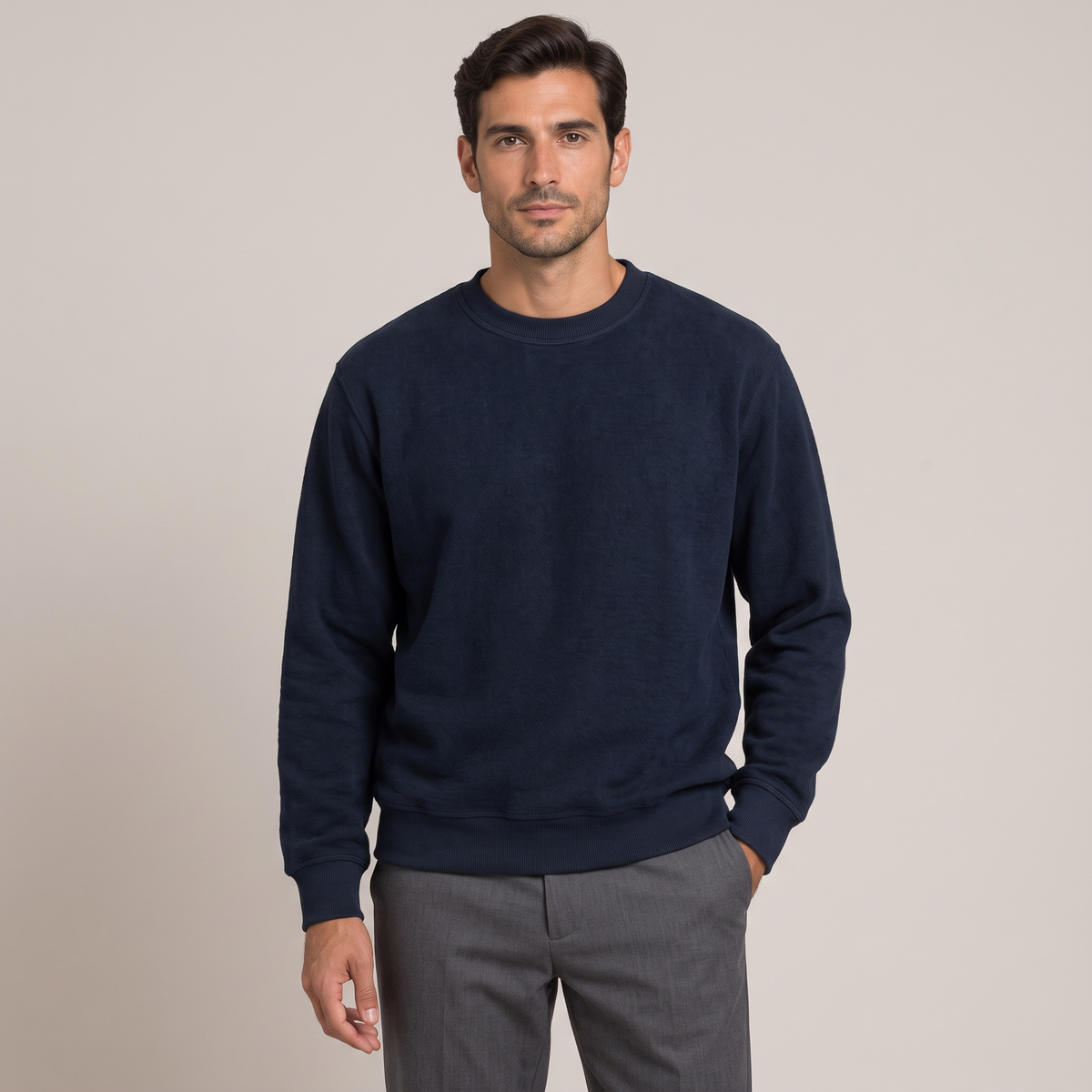 Men's navy heavyweight terry crew neck sweatshirt, front view