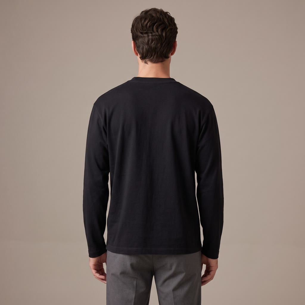 Men's black 240gsm long sleeve t-shirt, back view