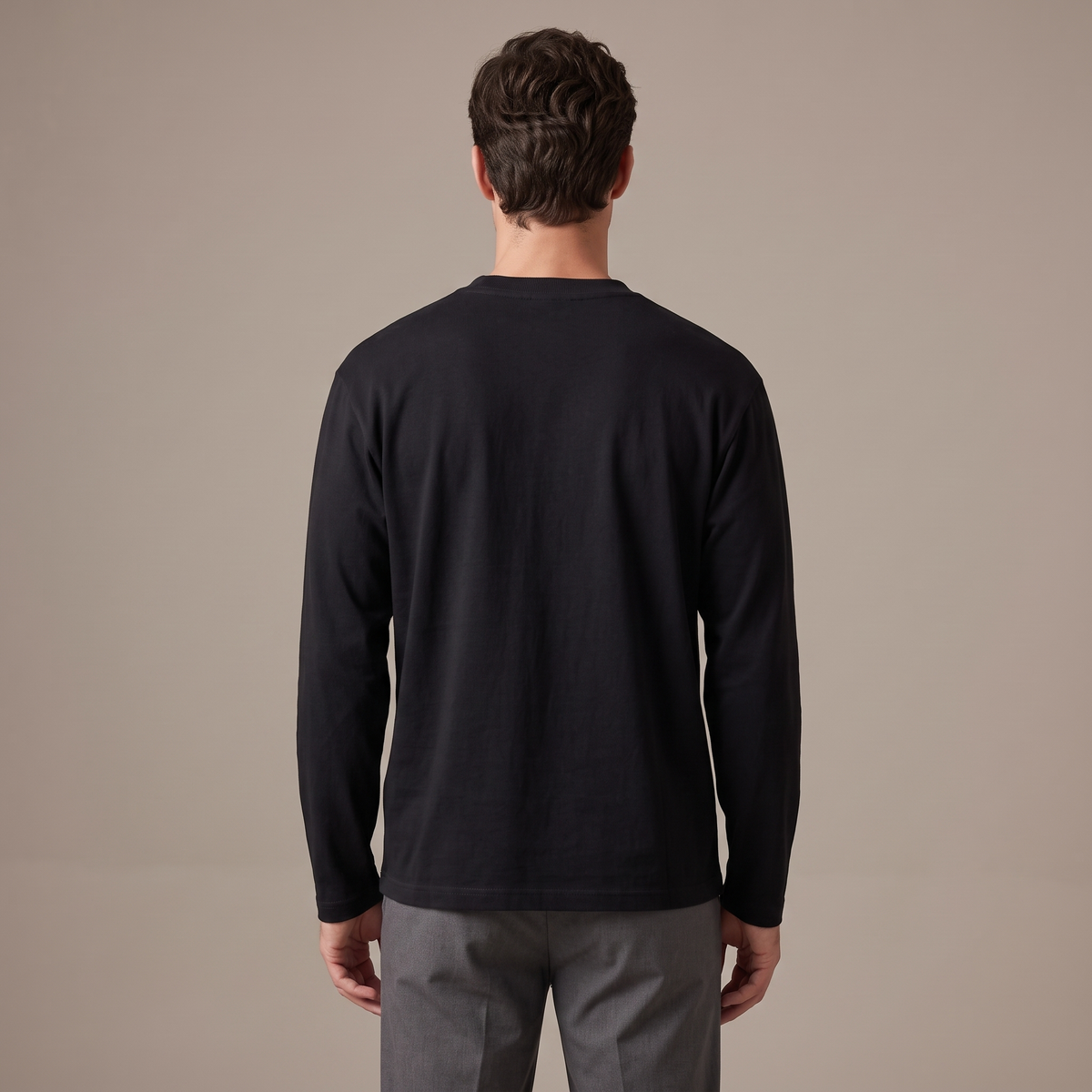 Men's black 240gsm long sleeve t-shirt, back view