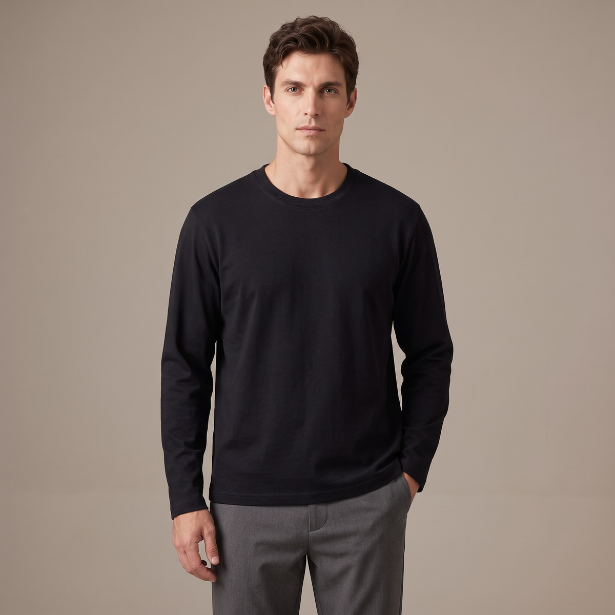 Men's black 240gsm heavy cotton long sleeve t-shirt, front view
