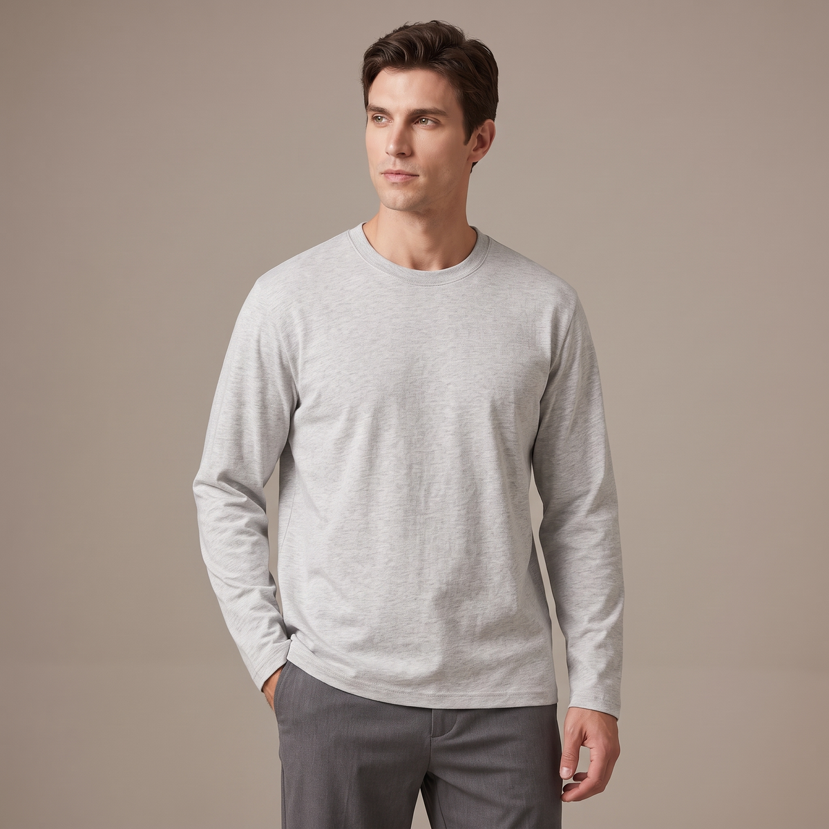 Men's light grey 240gsm heavy cotton long sleeve t-shirt, front view