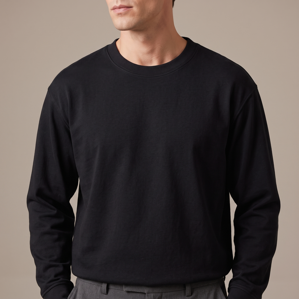 Close detail of the ribbed crew neck on the 240gsm heavy cotton long sleeve t-shirt, in black