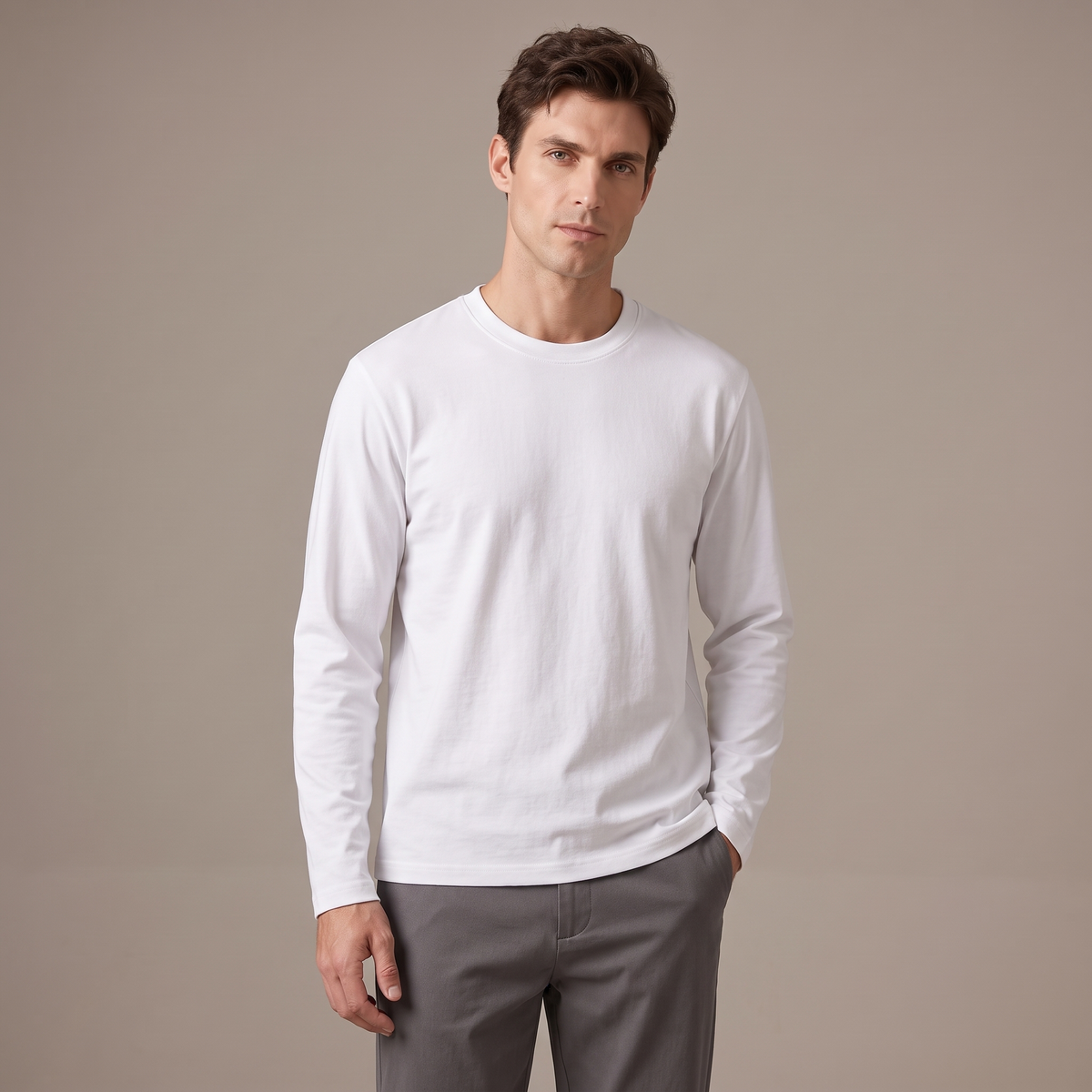 Men's white 240gsm heavy cotton long sleeve t-shirt, front view