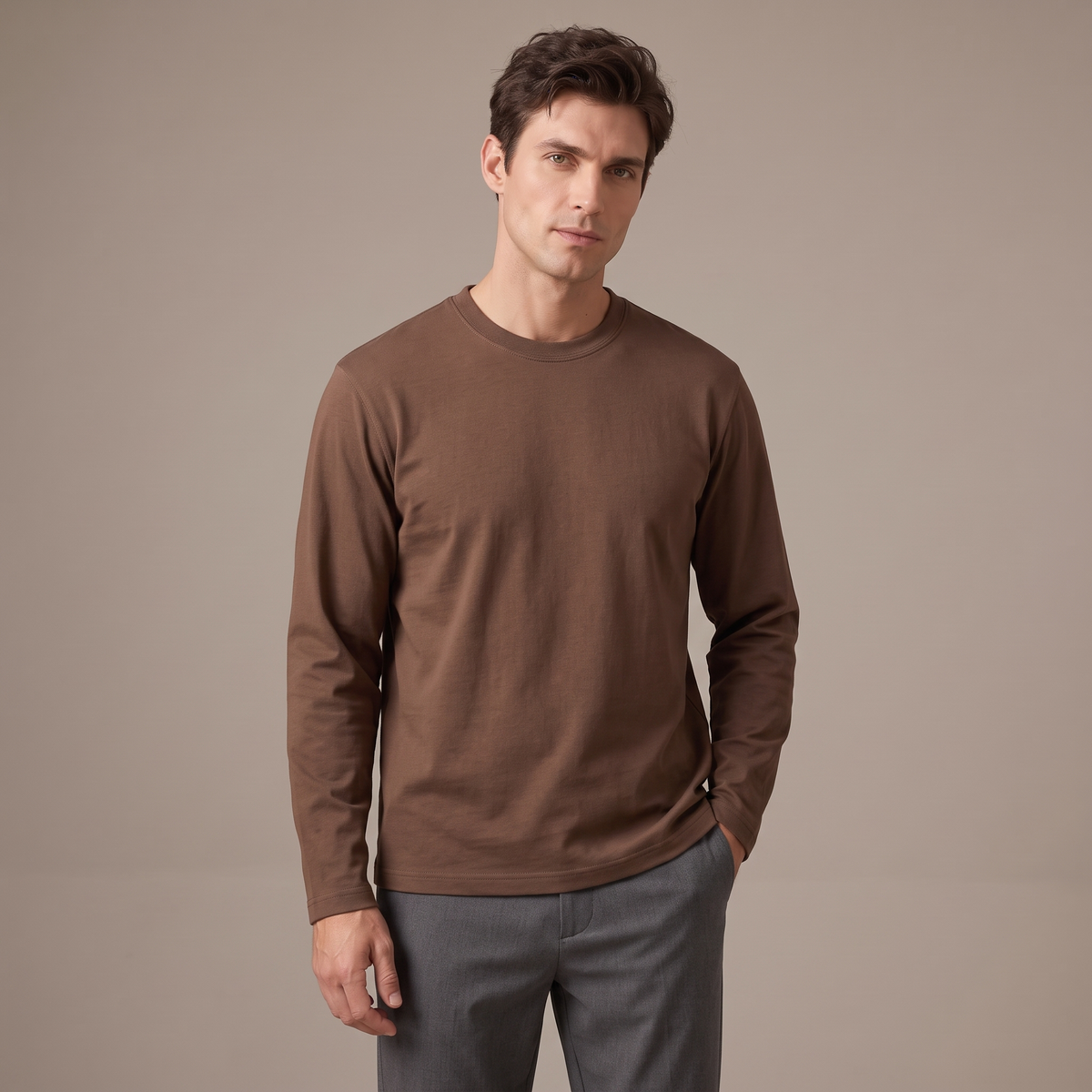 Men's brown 240gsm heavy cotton long sleeve t-shirt, front view