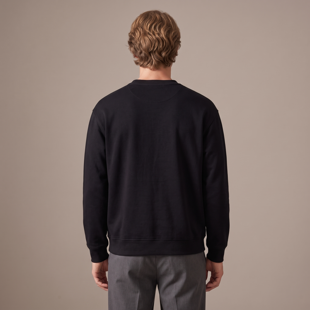 Men's black cotton crew neck sweatshirt, back view