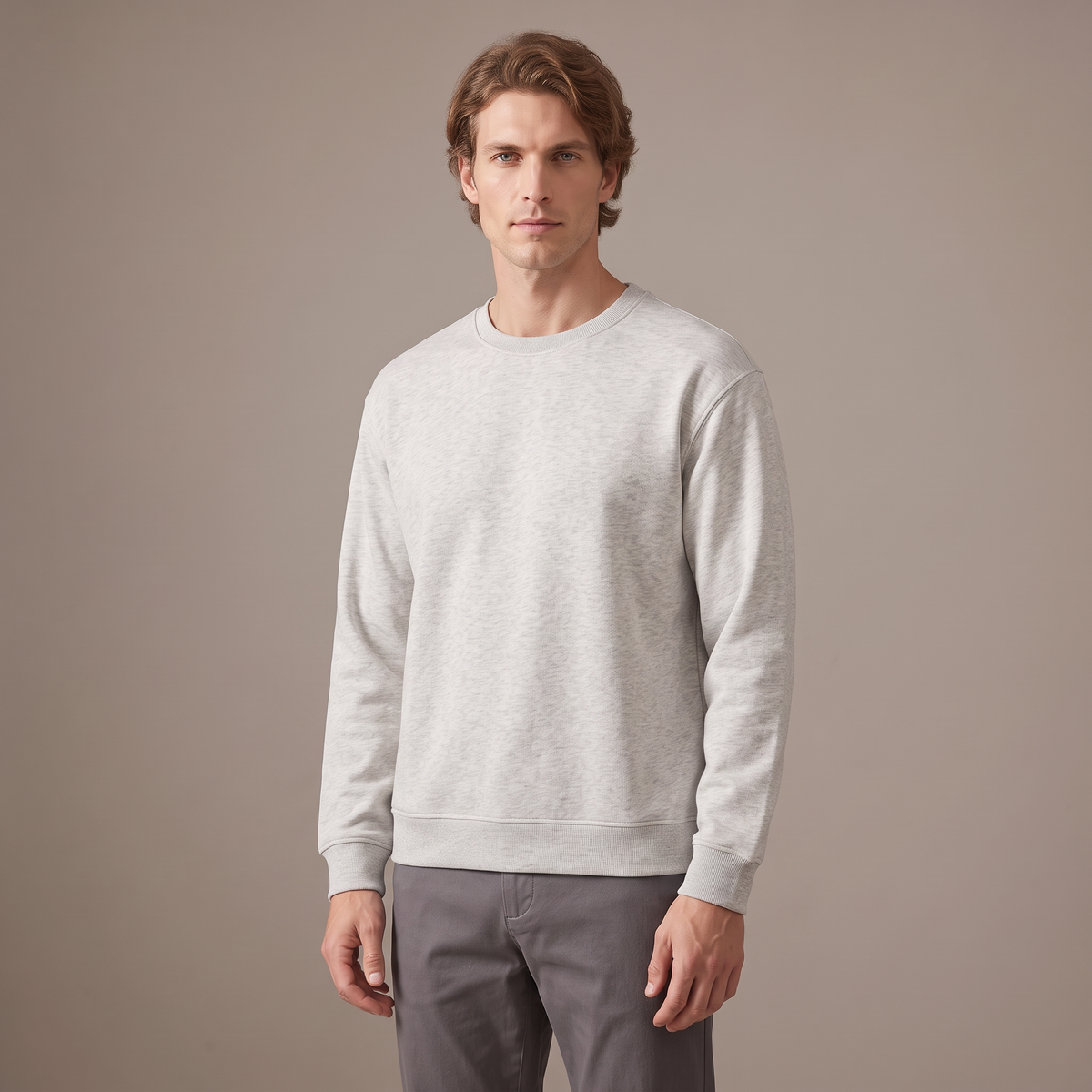 Men's light grey 100% cotton crew neck sweatshirt, three-quarter view