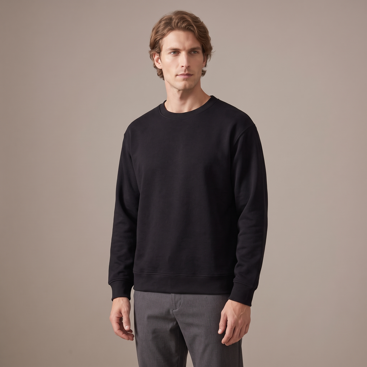 Men's black 100% cotton crew neck sweatshirt, three-quarter view