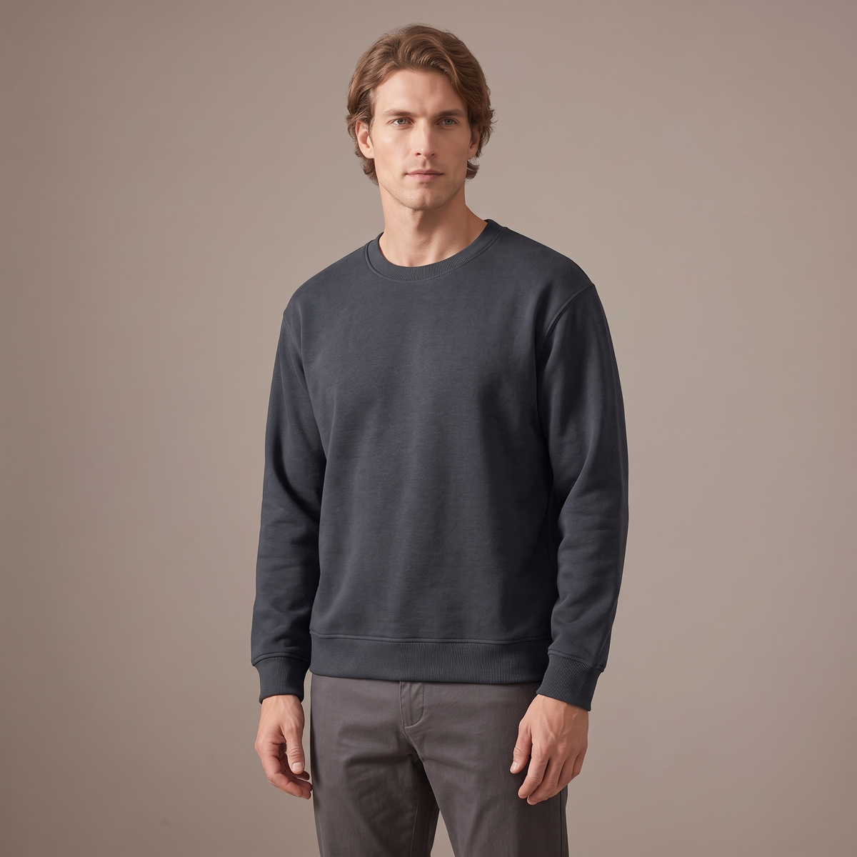 Men's charcoal 100% cotton crew neck sweatshirt, three-quarter view