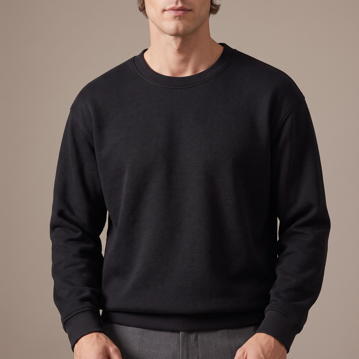 Close detail of the ribbed crew neck on the cotton sweatshirt, in black