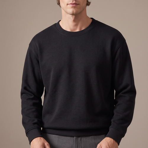 Close detail of the ribbed crew neck on the cotton sweatshirt, in black