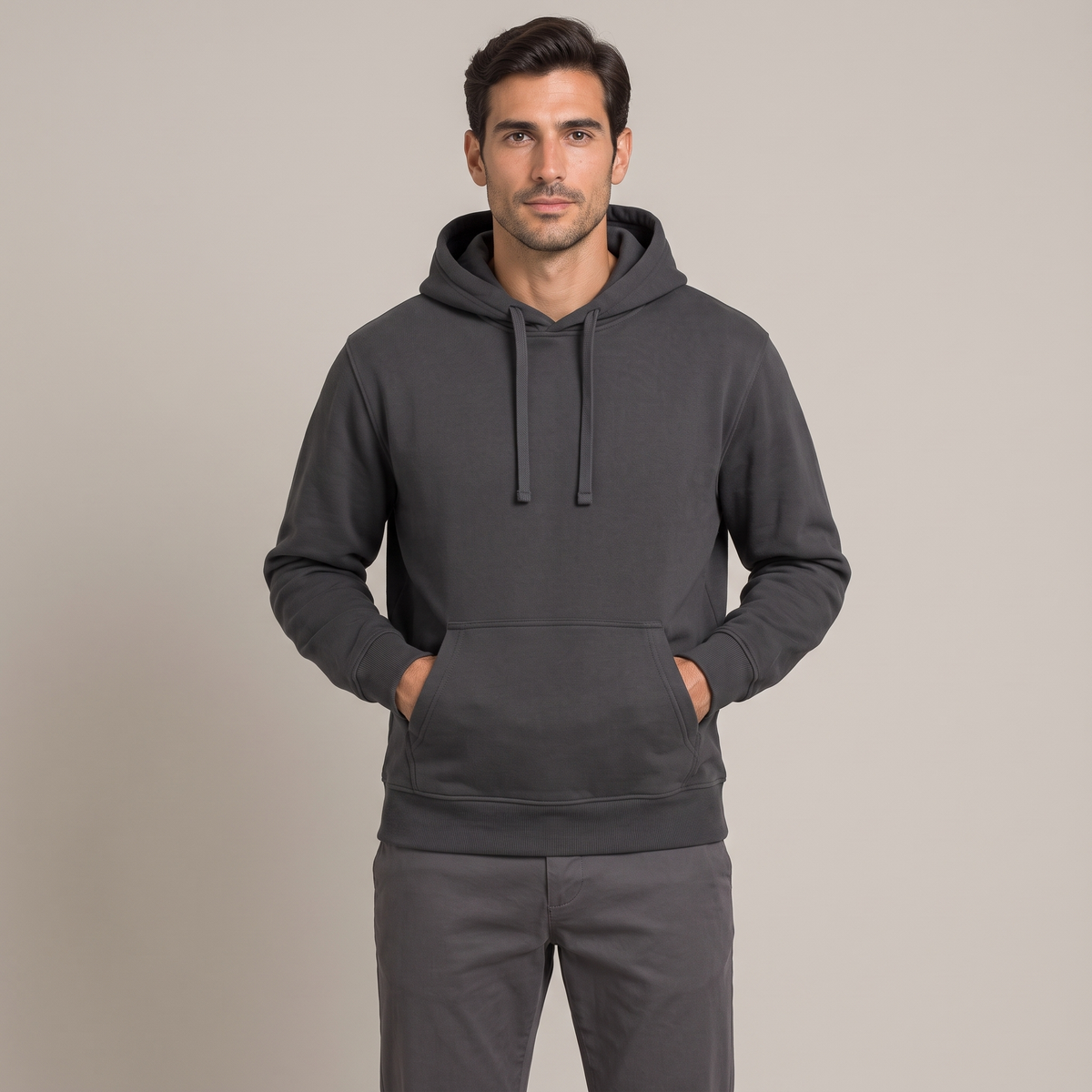 Men's charcoal 400gsm heavy cotton terry hoodie, front view