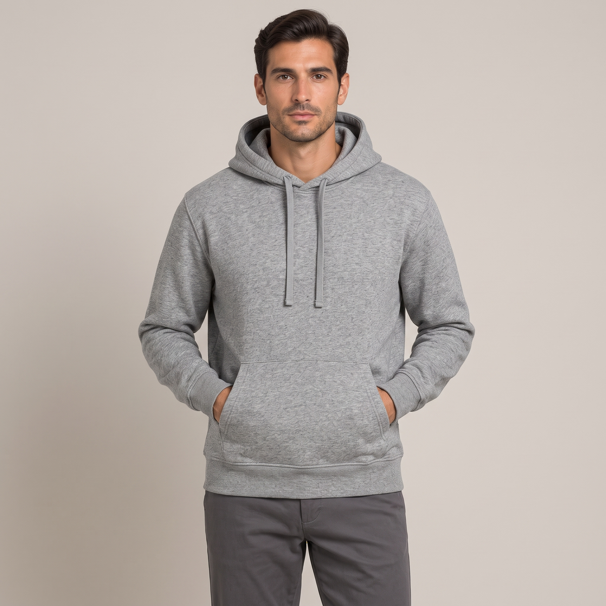 Men's grey 400gsm heavy cotton terry hoodie, front view