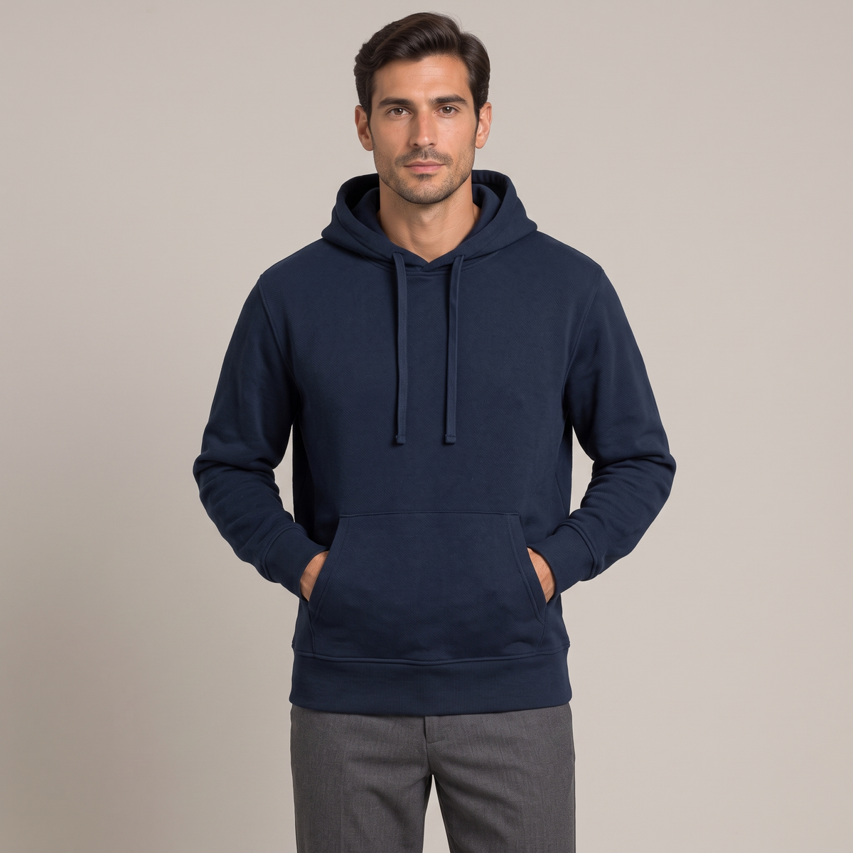 Men's navy 400gsm heavy cotton terry hoodie, front view