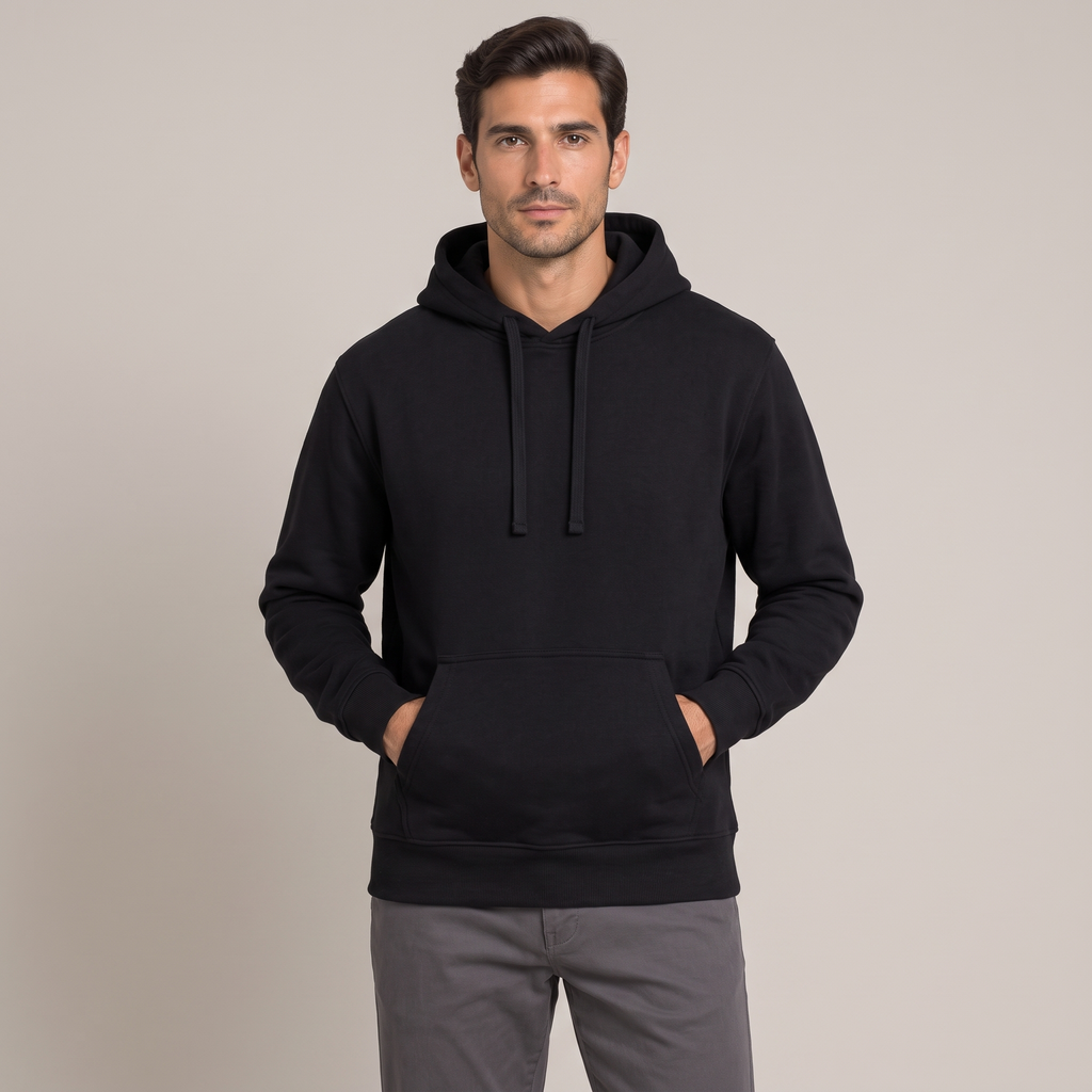 Men's black 400gsm heavy cotton terry hoodie, front view